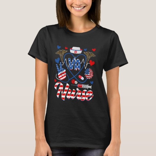 Funny VA Nurse Leopard Sunflower American Flag 4. T-Shirt (Vorderseite)