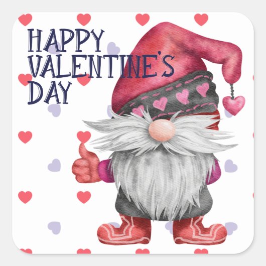 Funny Valentine Gnome Hearts Quadratischer Aufkleber (Vorderseite)
