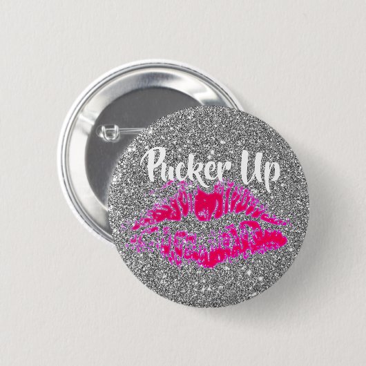 Funny Valentines Bright Pink Kiss Silver Glitter Button (Vorne & Hinten)