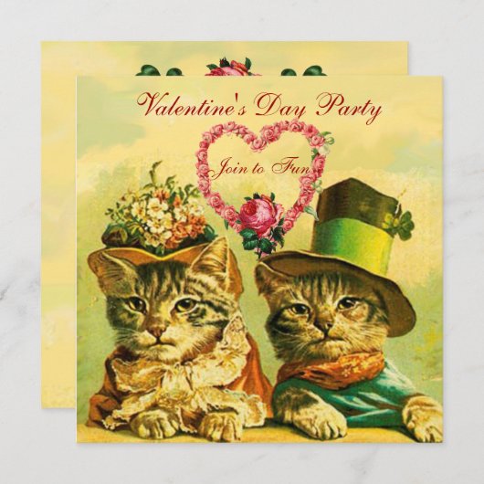 FUNNY VALENTINE'S DAY CATCATS MIT PINK ROSE HERZ EINLADUNG (Vorne/Hinten)