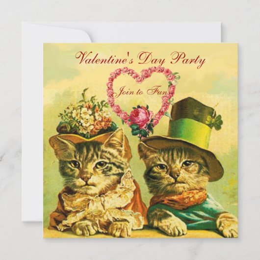 FUNNY VALENTINE'S DAY CATCATS MIT PINK ROSE HERZ EINLADUNG (Vorderseite)