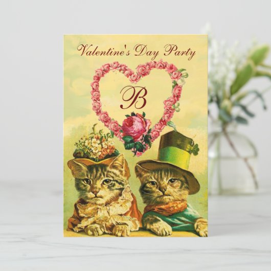 FUNNY VALENTINE'S DAY CATS, PINK ROSE HERZ UAWG EINLADUNG (Stehend Vorderseite)