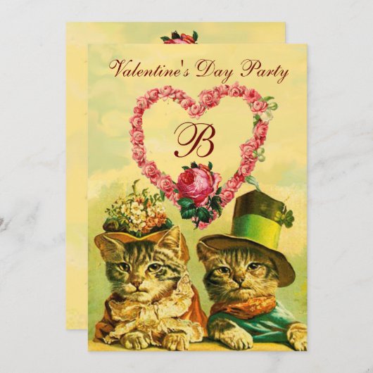 FUNNY VALENTINE'S DAY CATS, PINK ROSE HERZ UAWG EINLADUNG (Vorne/Hinten)