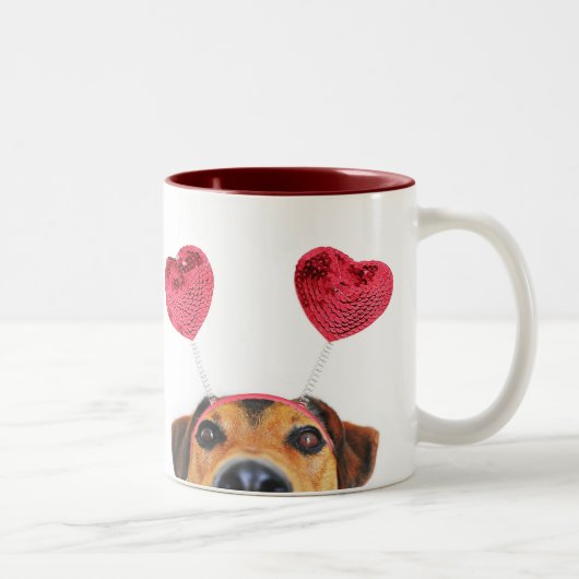 Funny Valentine's Day Hund Niedlich Heart Headband Zweifarbige Tasse (Rechts)