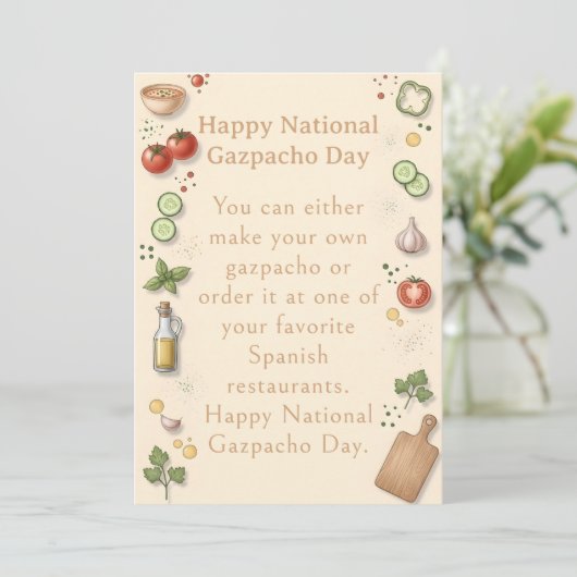 funny vegetables National Gazpacho Day Dankeskarte (Stehend Vorderseite)