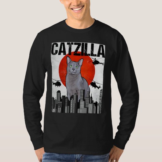 Funny Vintag Catzilla Russian Blue Cat T-Shirt (Vorderseite)