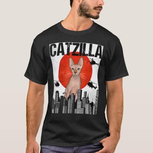 Funny Vintag Japanisch Catzilla Sphynx Cat T-Shirt (Vorderseite)