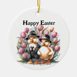 Funny Vintag Oaster Ducklings in Anzugs Pink Tulip Keramik Ornament