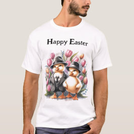 Funny Vintag Oaster Ducklings in Anzugs Pink Tulip T-Shirt