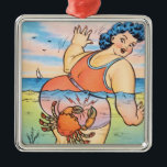 Funny Vintage Beach Humour Crab Attack Illustratio Ornament Aus Metall<br><div class="desc">This vibrant vintage illustration, dating from the 1930s-1940s, captures the playful and cheeky spirit of mid-century seaside humor. It depicts a curvaceous woman in a stylish coral swimsuit wading in the ocean, surprised by a mischievous crab. The bold lines, saturated colors, and expressive character design are hallmarks of the classic...</div>