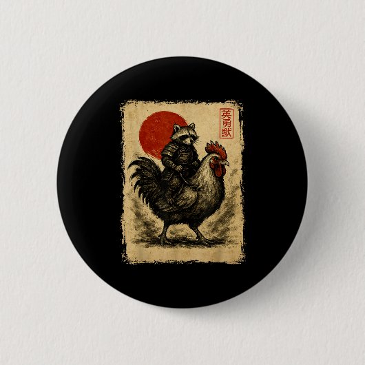 Funny Vintage Raccoon Rooster Chicken Japanese Uki Button (Vorderseite)