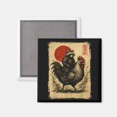 Funny Vintage Raccoon Rooster Chicken Japanese Uki Magnet (Vorderseite/Rückseite)