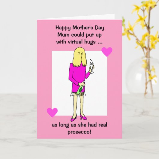 Funny Virtual Hugs Prosecco Muttertag Karte (Gelbe Blume)