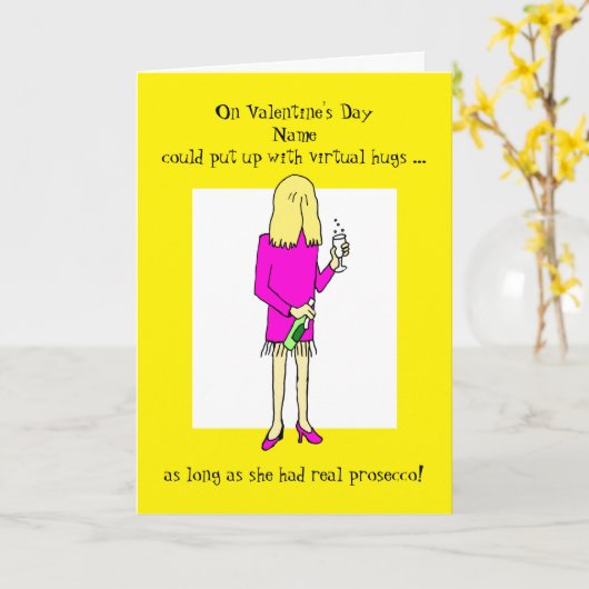 Funny Virtual Hugs Prosecco Valentinstag Karte (Gelbe Blume)