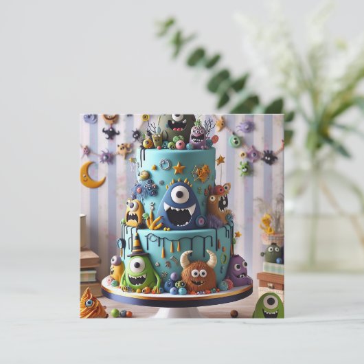 FUNNY WACKY MONSTER CAKE BIRTHDAY EINLADUNG (Stehend Vorderseite)