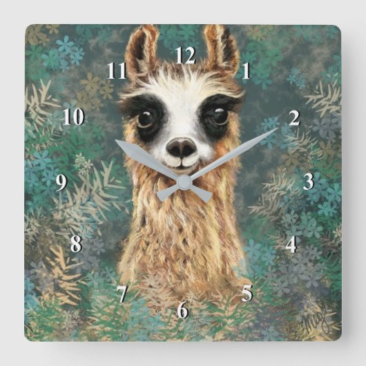 Funny Wall Clock Curious Playful Llama - Smile Quadratische Wanduhr (Vorderseite)
