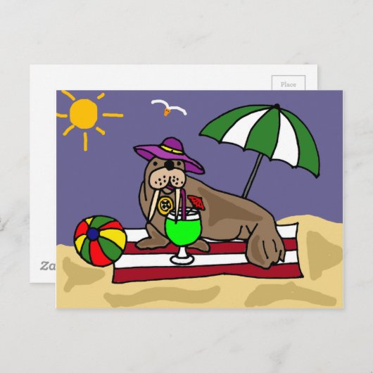 Funny Walrus am Strand Art Postkarte (Vorne/Hinten)