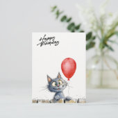 funny watercolor birthday card with cat  postkarte (Stehend Vorderseite)