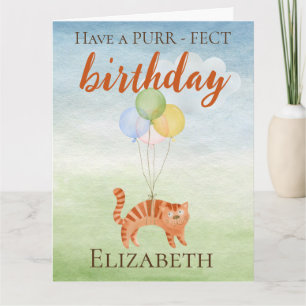 Funny Watercolor Birthday Cat Balloons Card Karte