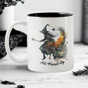 Funny Watercolor Creepy Hexen Broom Halloween Zweifarbige Tasse