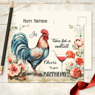 Funny Watercolor Rooster Cocktail Geburtstag Postkarte