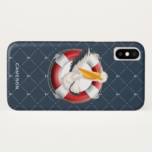 Funny Waving Pelican Nautical Navy Monogram Case-Mate iPhone Hülle (Rückseite (Horizontal))