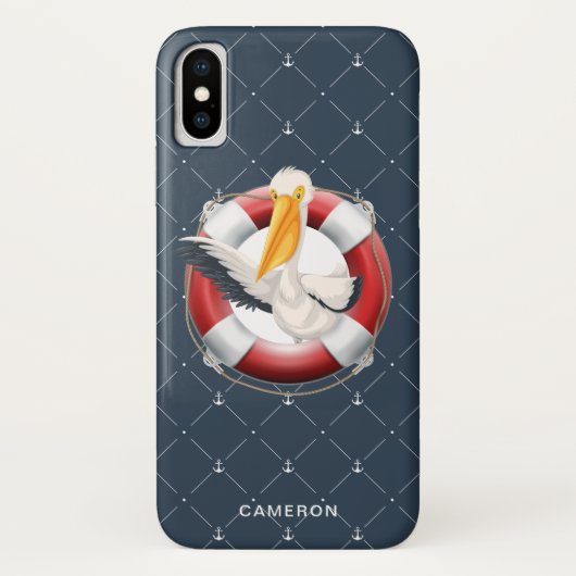 Funny Waving Pelican Nautical Navy Monogram Case-Mate iPhone Hülle (Rückseite)