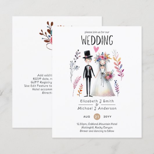 Funny Wedding Cartoon Bride Groom Handgezeichnet (Vorne/Hinten)