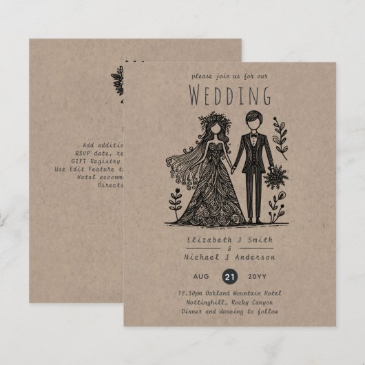 Funny Wedding Cartoon Bride Groom Handgezeichnet (Vorne/Hinten)