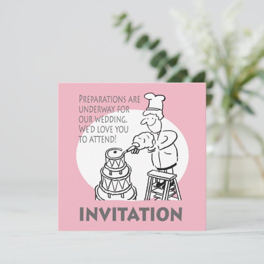 Funny Wedding Einladung mit Riesenkuchen (Stehend Vorderseite)