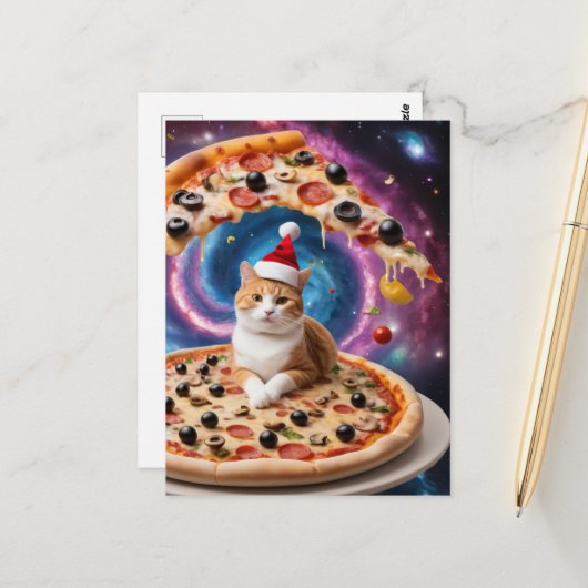 Funny Weihnachtsmannmütze Christmas Pizza Cat Postkarte (Vorderseite/Rückseite Beispiel)