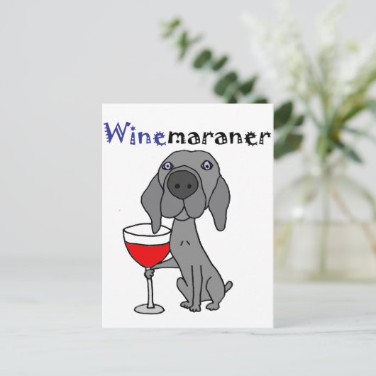 Funny Weimaraner Hund trinkt Roten Wein Postkarte (Stehend Vorderseite)