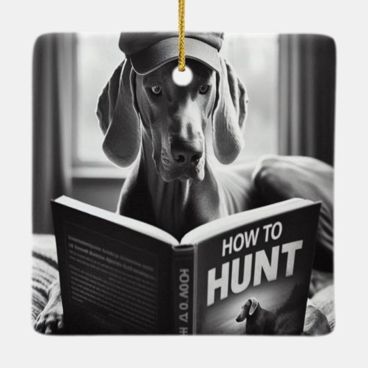 Funny Weimaraner liest ein Buch über die Jagd Keramikornament (Rückseite)