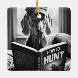 Funny Weimaraner liest ein Buch über die Jagd Keramikornament