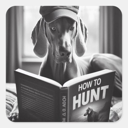 Funny Weimaraner liest ein Buch über die Jagd Quadratischer Aufkleber (Vorderseite)