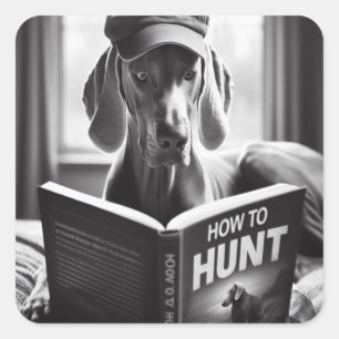 Funny Weimaraner liest ein Buch über die Jagd Quadratischer Aufkleber