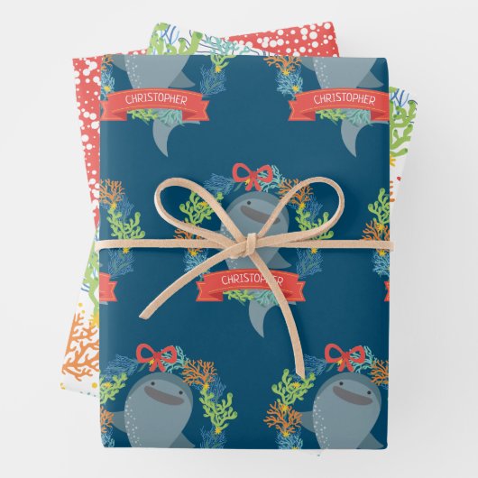 Funny Whale Hai mit Namen Christmas Wrapping Pap Geschenkpapier Set (Beispiel)