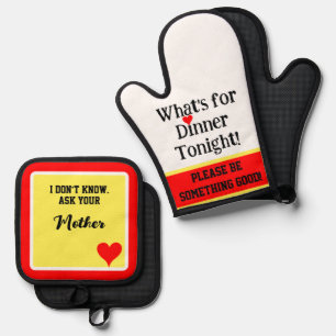 Funny What's for dinner Frag your Mother Red Yello Ofenhandschuh & Topflappen-Set