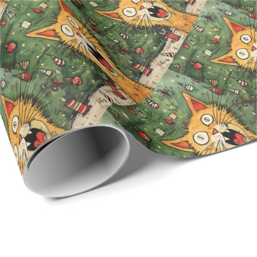 Funny Whimsical Crazy Cat Weihnachten Geschenkpapier (Rolleneckpunkt)