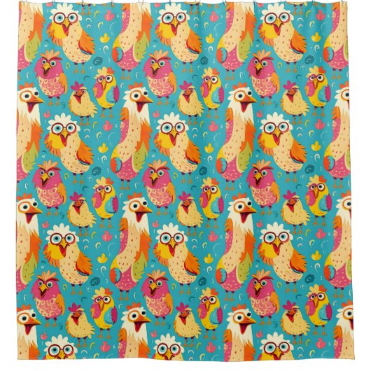 Funny Whimsisical Cartoon Abstrakte Hühner Duschvorhang (Vorderseite)