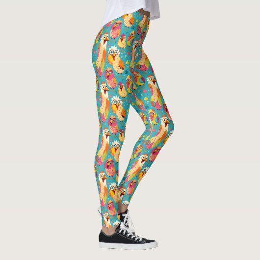 Funny Whimsisical Cartoon Abstrakte Hühner Leggings (Rechts)