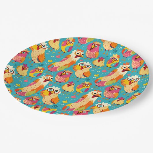 Funny Whimsisical Cartoon Abstrakte Hühner Pappteller (Schrägansicht)