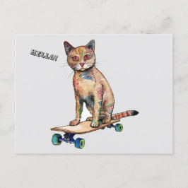 Funny Whimsisical Cat Skateboarding Postcard Postkarte