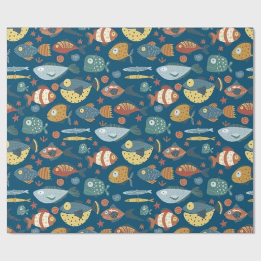 Funny Whimsisiean Sea Fish Blue Muster Geschenkpapier (Flach)