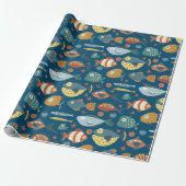 Funny Whimsisiean Sea Fish Blue Muster Geschenkpapier (Ungerollt)