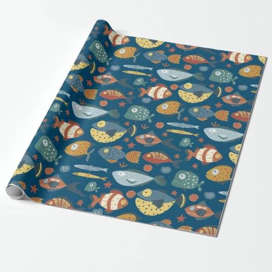 Funny Whimsisiean Sea Fish Blue Muster Geschenkpapier (Ungerollt)