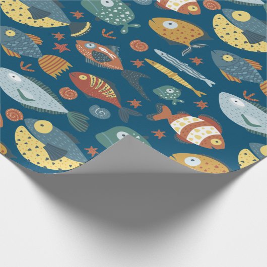 Funny Whimsisiean Sea Fish Blue Muster Geschenkpapier (Ecke)