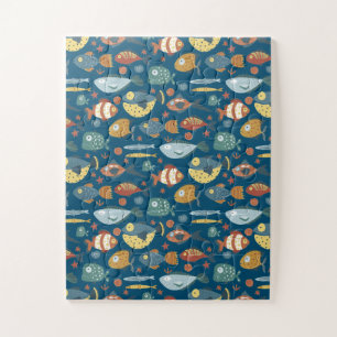 Funny Whimsisiean Sea Fish Blue Muster Puzzle