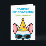 Funny White Bulldog Frenchie Birthday Card Karte<br><div class="desc">Wenn Sie jemanden kennen, der französische Bullhunde Lieben hat und einen guten Spaß hat, ist diese lustige Geburtstagskarte ideal, um sie an ihrem besonderen Tag zu schicken. Das Design zeigt eine Cartoon-Darstellung eines weißen französischen Bulldoggen mit einem Party-Hut und einer Sonnenbrille mit der Aufschrift "Verzeihen Sie meine Franzosen! Du bist...</div>