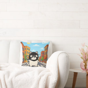 Funny White Cat Aufkleber mit Maske und Messer Kissen